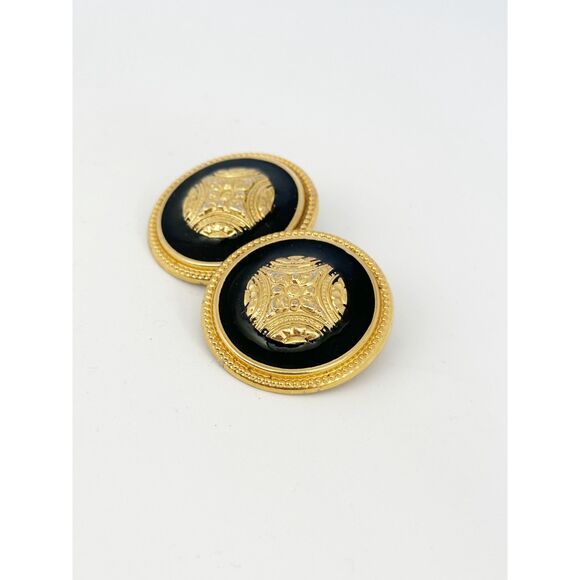 Vintage Button Style Round Earrings Gold Tone Black Enamel - Picture 3 of 3